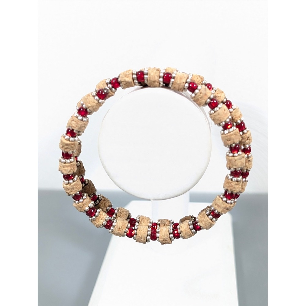 Artisan Wrap Bracelet Cork Beads Red‎ Glass Coil Bangle 7" Handmade Style